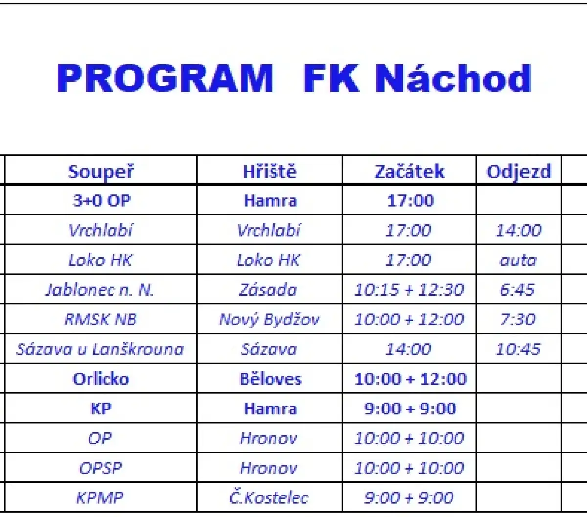 Týdenní program: 31.08.2026 - 06.09.2026
