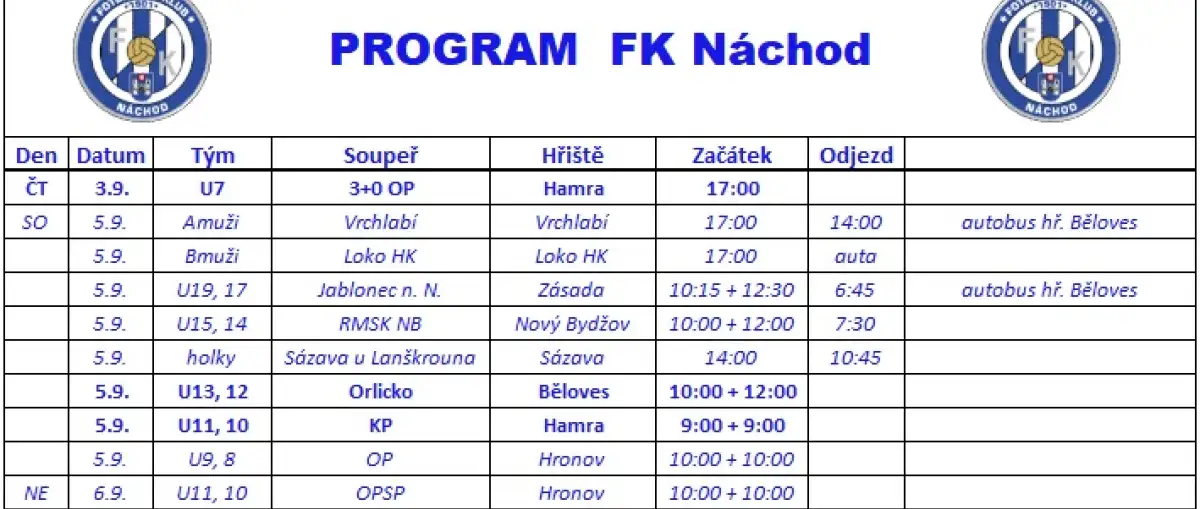 Týdenní program: 31.08.2026 - 06.09.2026