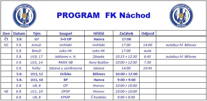 Týdenní program: 31.08.2026 - 06.09.2026