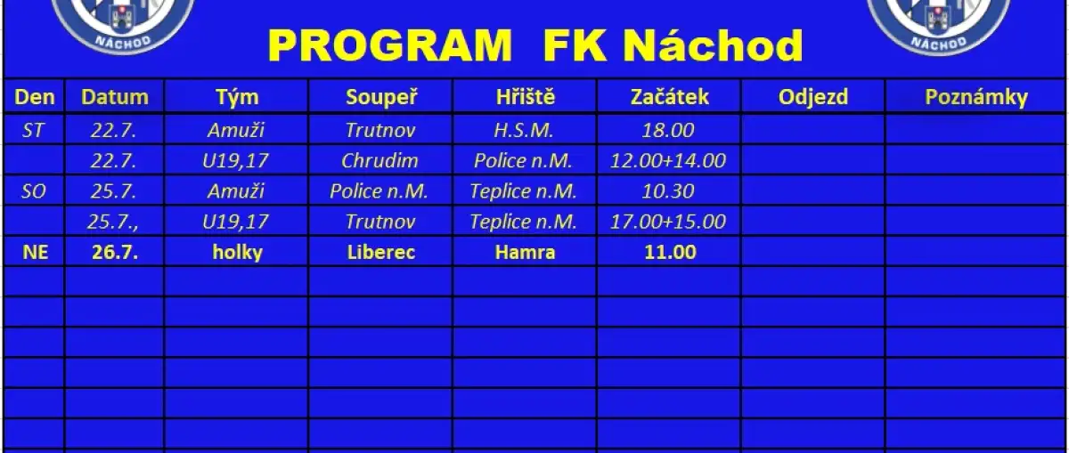 Týdenní program: 20.07.2026 - 26.07.2026
