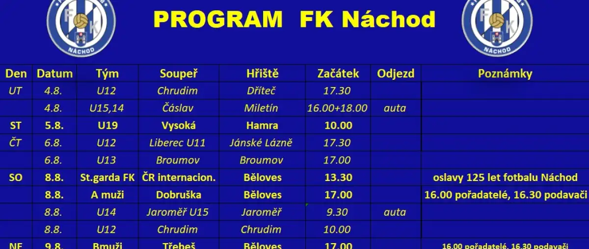 Týdenní program: 03.08.2026 - 09.08.2026