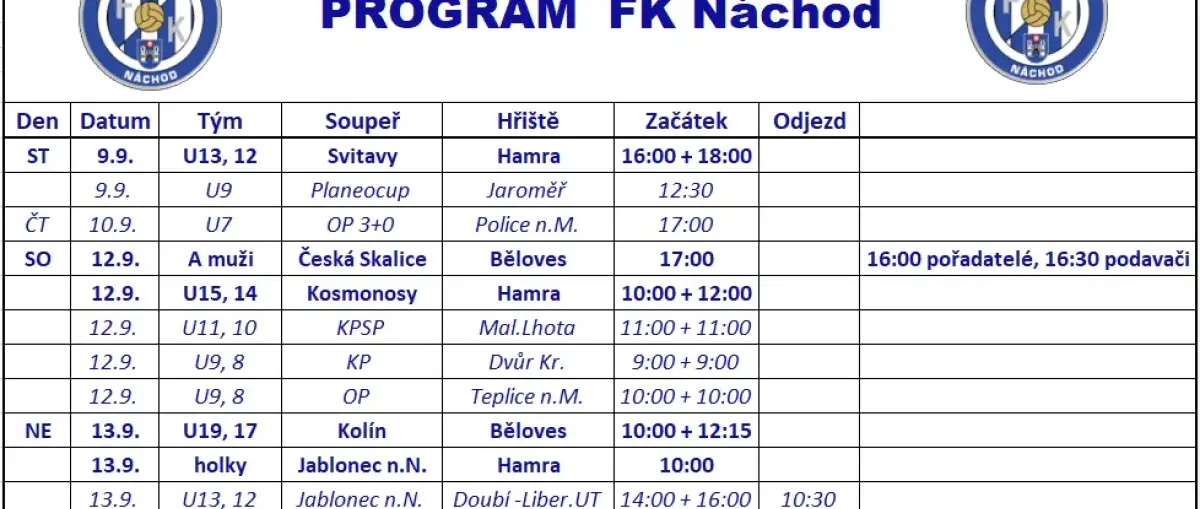 Týdenní program: 07.09.2026 - 13.09.2026