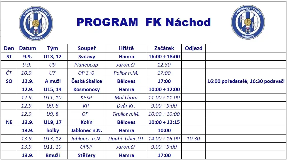 Týdenní program: 07.09.2026 - 13.09.2026