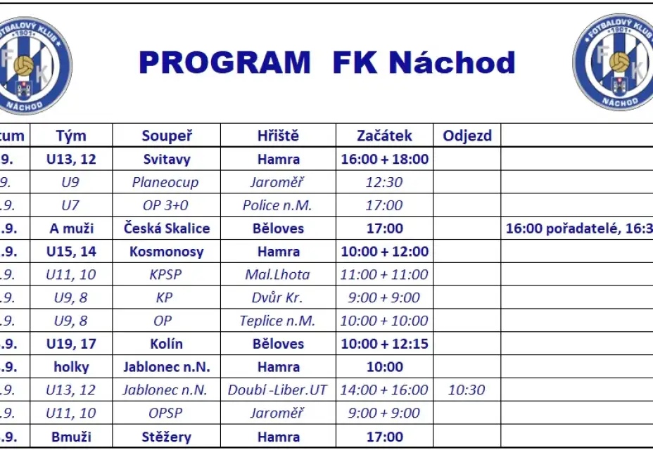 Týdenní program: 07.09.2026 - 13.09.2026