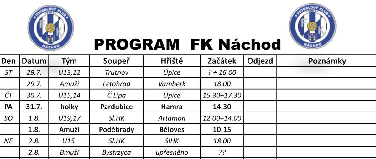 Týdenní program: 27.08.2026 - 02.08.2026