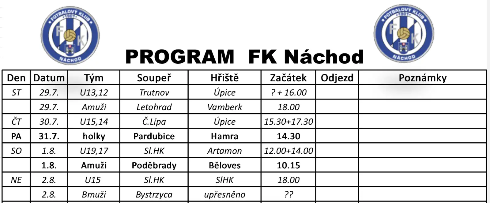 Týdenní program: 27.08.2026 - 02.08.2026